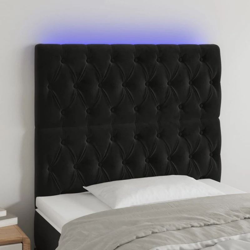 vidaXL Sengegavl med LED-lys 100x7x118/128 cm - Sort fløjl