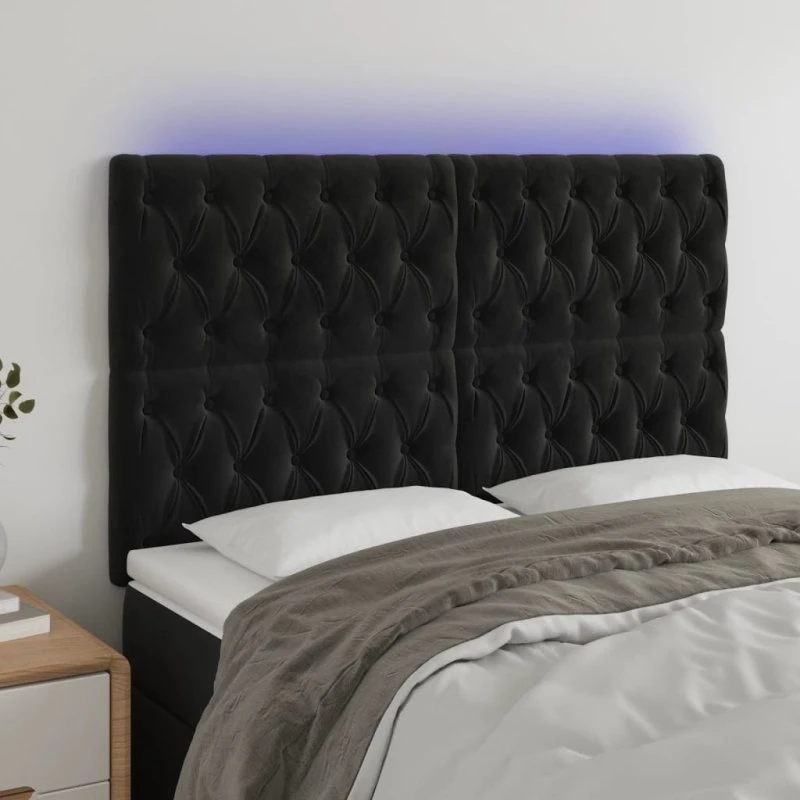 vidaXL sengegavl med LED-lys 144x7x118/128 cm, sort fløjl