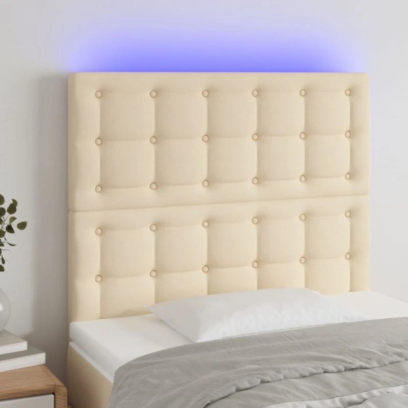 vidaXL sengegavl med LED-lys creme stof 100x5x118/128 cm