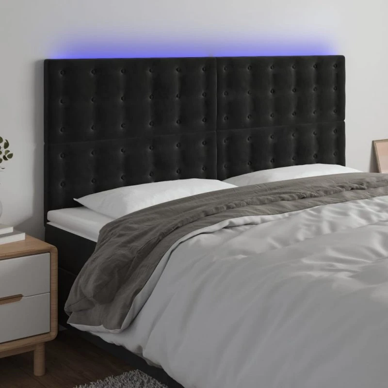 vidaXL sengegavl med LED 160x5x118/128 cm fløjl, sort