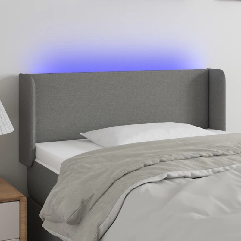 vidaXL sengegavl med LED-lys stof 83x16x78/88 cm mørkegrå