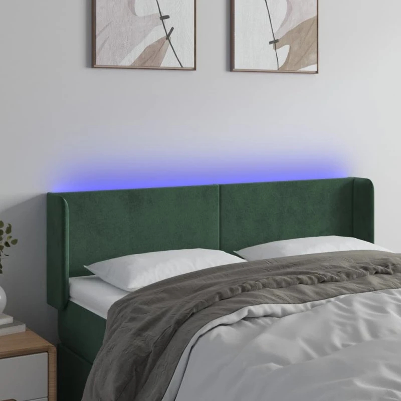 vidaXL sengegavl med LED 147x16x78/88 cm fløjl mørkegrøn