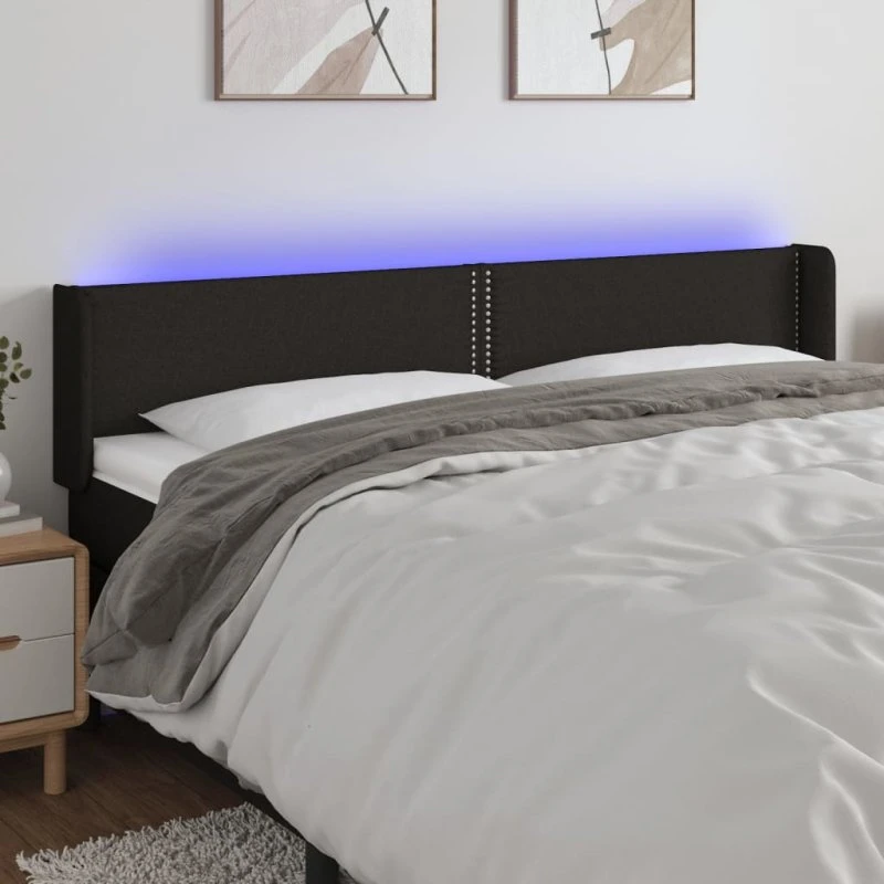 vidaXL sengegavl med LED-lys 163x16x78/88 cm sort stof