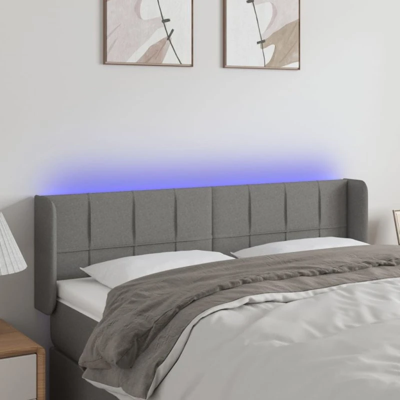 vidaXL Sengegavl med LED stof mørkegrå 147x16x78/88 cm