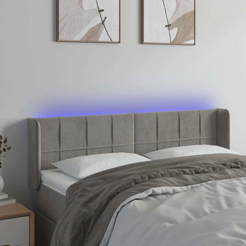vidaXL sengegavl med LED 147x16x78/88 cm fløjl lysegrå
