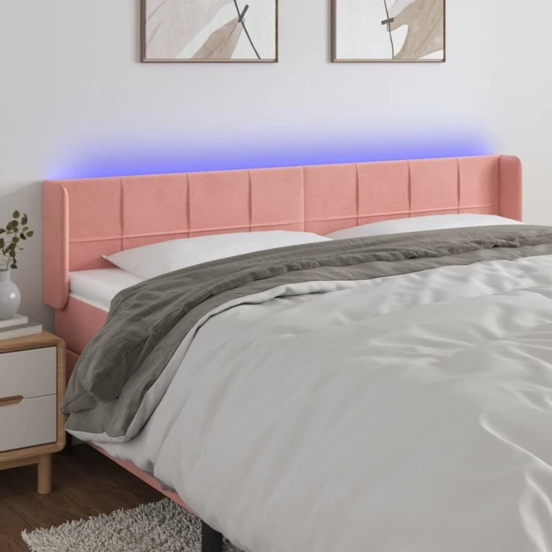 vidaXL sengegavl med LED 163x16x78/88 cm fløjl lyserød