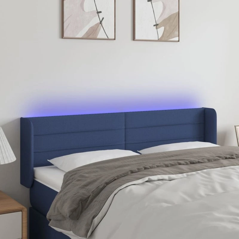 vidaXL sengegavl med LED-lys 147x16x78/88 cm blå stof