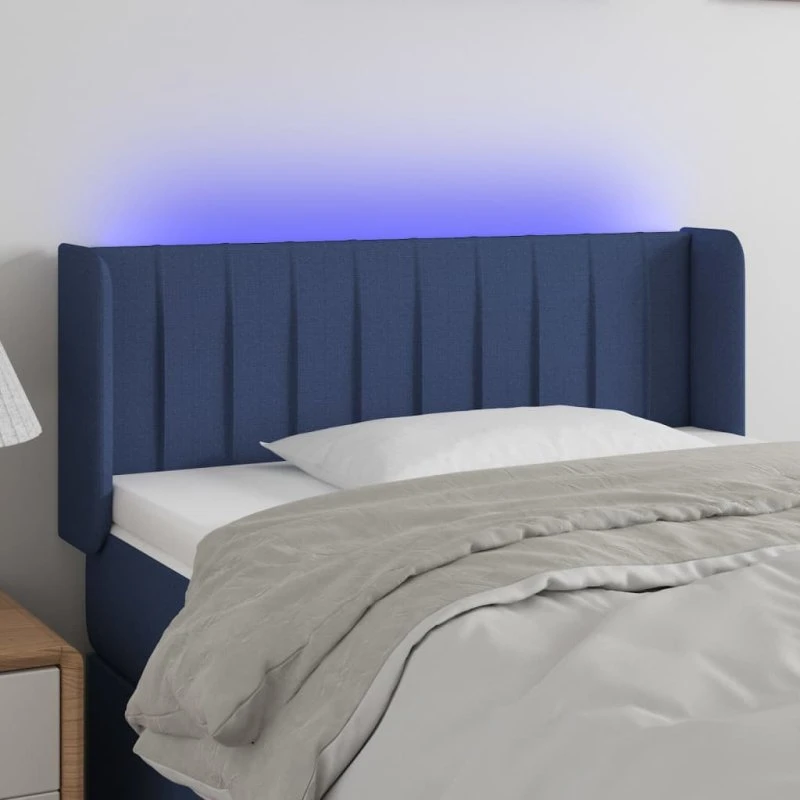 vidaXL sengegavl med LED-lys stof blå 93x16x78/88 cm