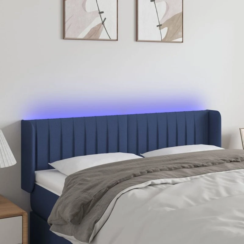 vidaXL sengegavl med LED-lys 147x16x78/88 cm stof blå