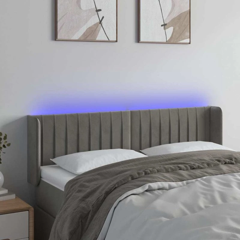 vidaXL sengegavl med LED 147x16x78/88 cm fløjl lysegrå