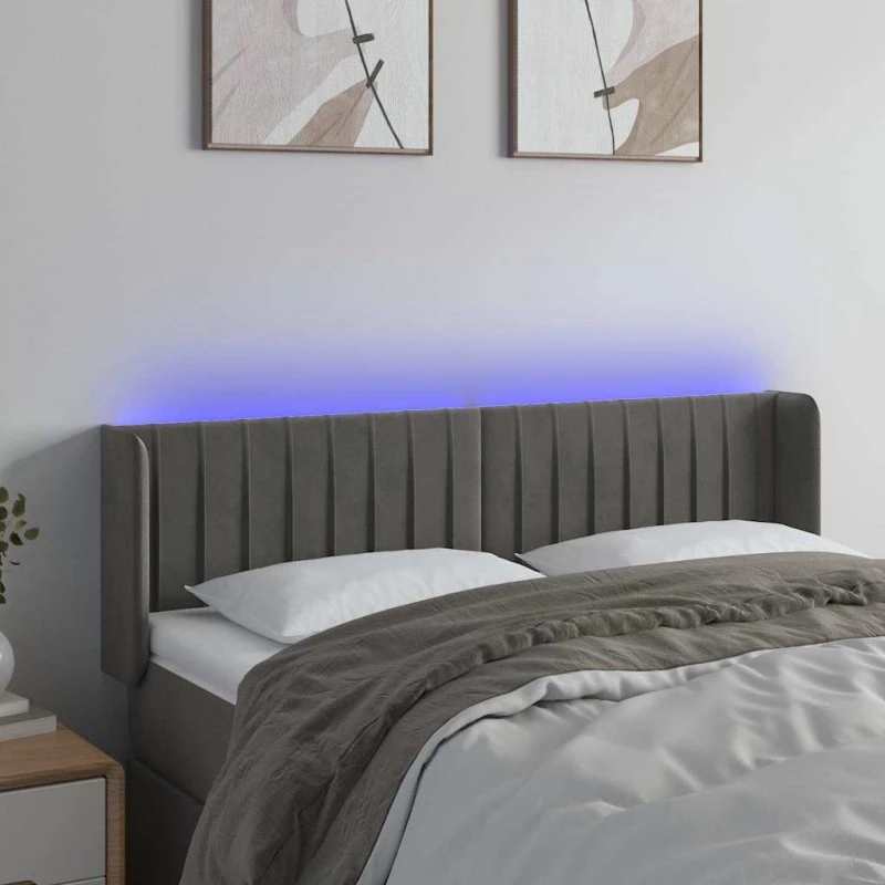vidaXL Sengegavl med LED 147x16x78/88 cm fløjl mørkegrå