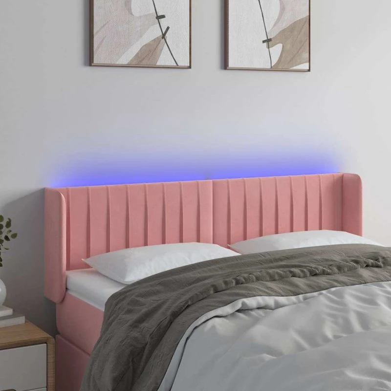 vidaXL sengegavl med LED 147x16x78/88 cm fløjl lyserød