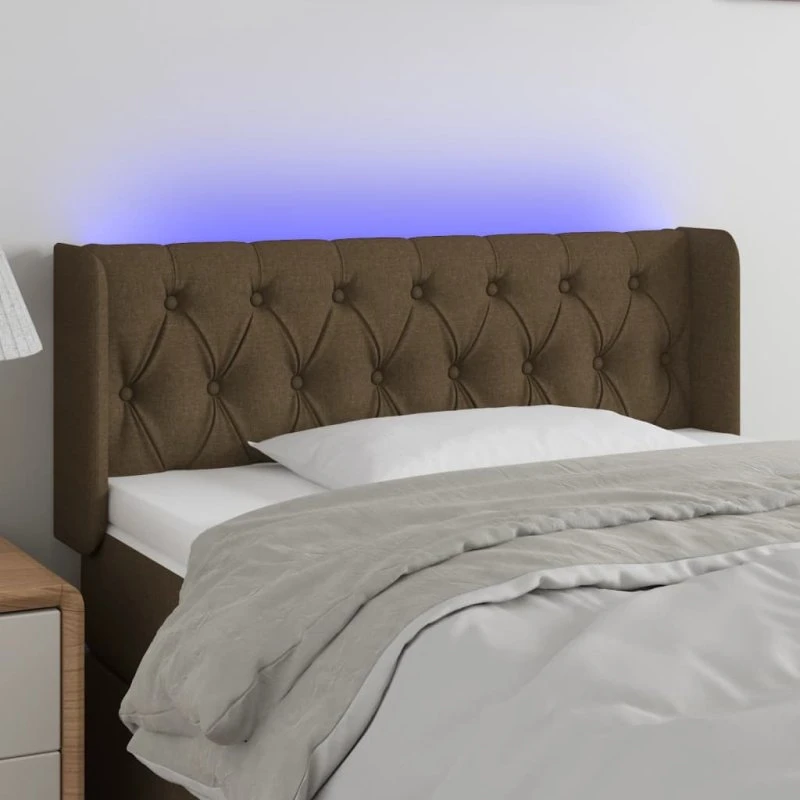 vidaXL sengegavl med LED, mørkebrun stof 103x16x78/88 cm