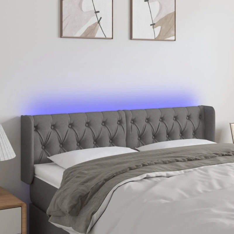 vidaXL sengegavl med LED 147x16x78/88 cm stof mørkegrå