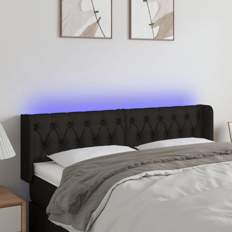 vidaXL sengegavl med LED-lys 163x16x78/88 cm sort stof