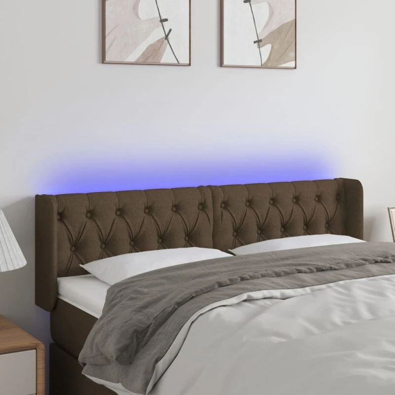 vidaXL sengegavl med LED 163x16x78/88 cm mørkebrun stof