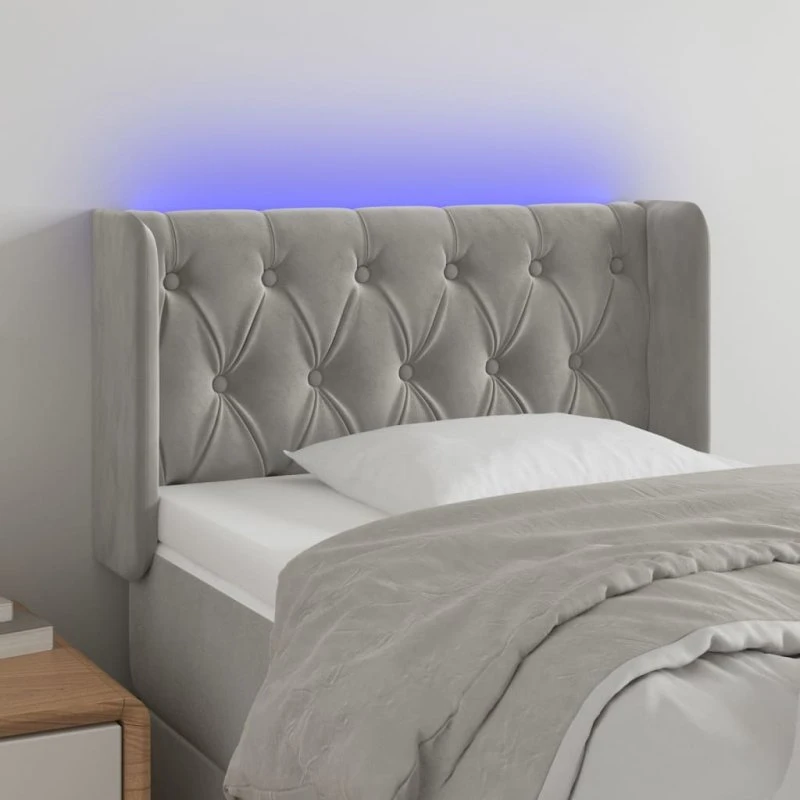 vidaXL sengegavl med LED 83x16x78/88 cm fløjl lysegrå