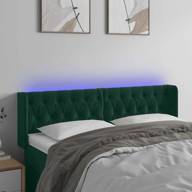vidaXL sengegavl i fløjl med LED 147x16x78/88 cm mørkegrøn
