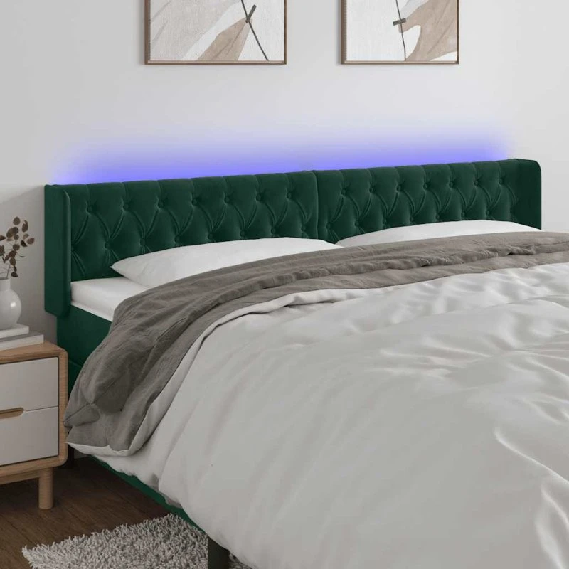 vidaXL sengegavl 183x16x78/88 cm fløjl med LED, mørkegrøn