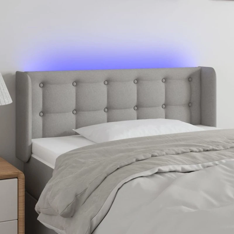 vidaXL sengegavl med LED-lys 93x16x78/88 cm lysegrå stof
