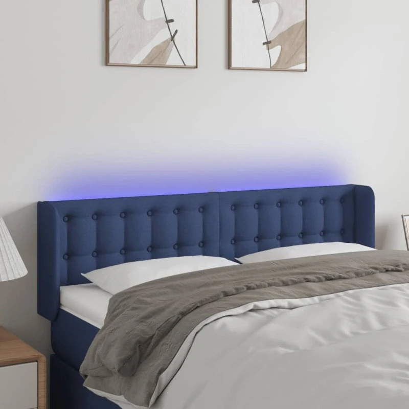 vidaXL sengegavl med LED-lys 147x16x78/88 cm blå stof