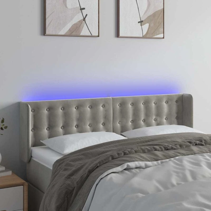 vidaXL sengegavl med LED 147x16x78/88 cm fløjl lysegrå