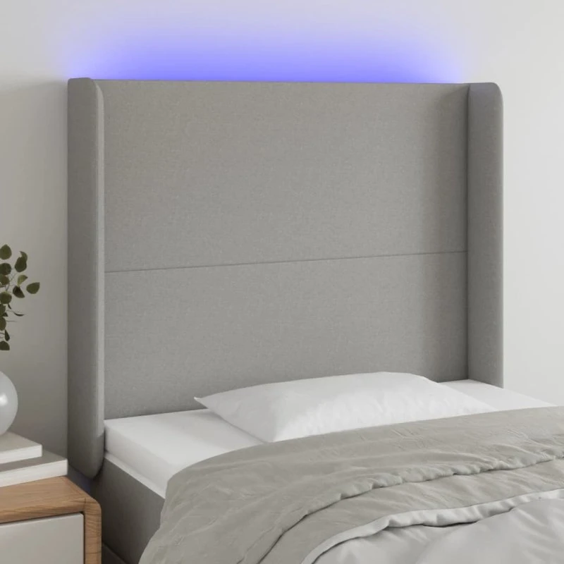 vidaXL sengegavl med LED-lys 83x16x118/128 cm, lysegrå stof