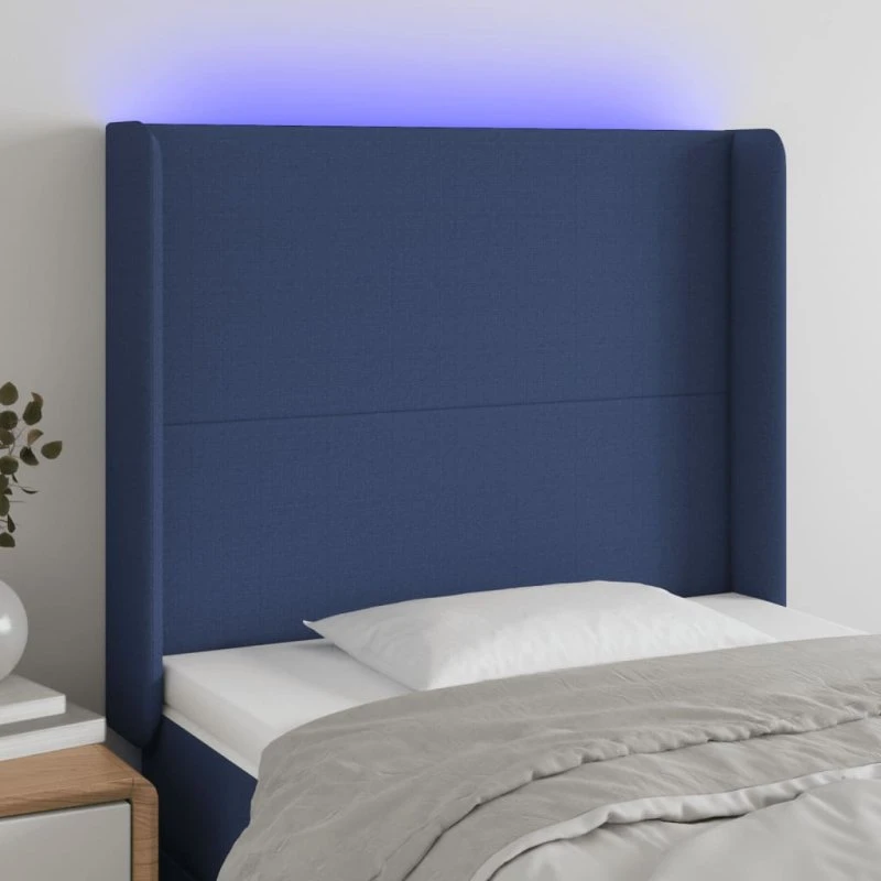 vidaXL sengegavl med LED, stof blå 83x16x118/128 cm