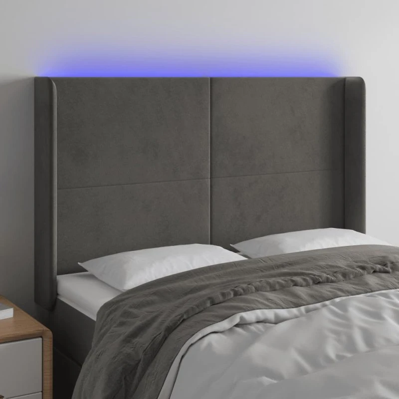 vidaXL sengegavl m. LED 147x16x118/128 cm fløjl mørkegrå