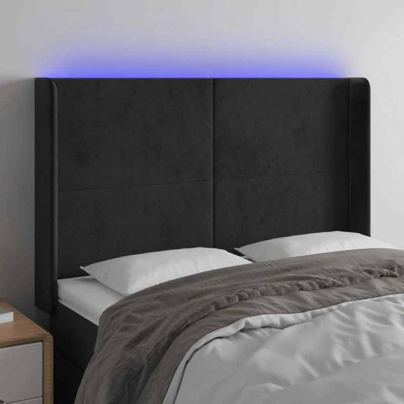vidaXL sengegavl med LED 147x16x118/128 cm fløjl sort