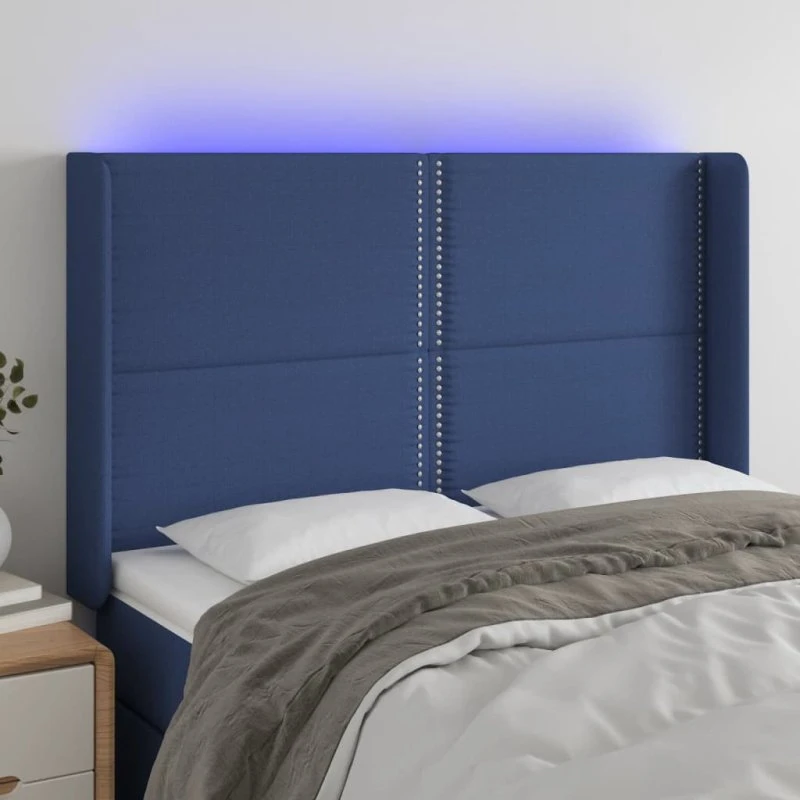 vidaXL sengegavl med LED 147x16x118/128 cm, blå stof