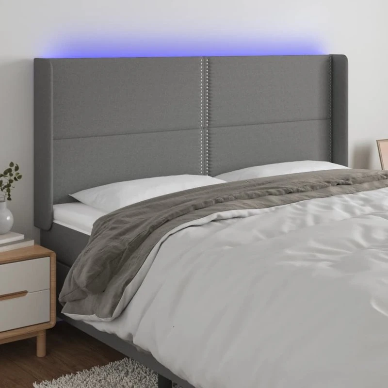 vidaXL sengegavl med LED-lys 163x16x118/128 cm mørkegrå