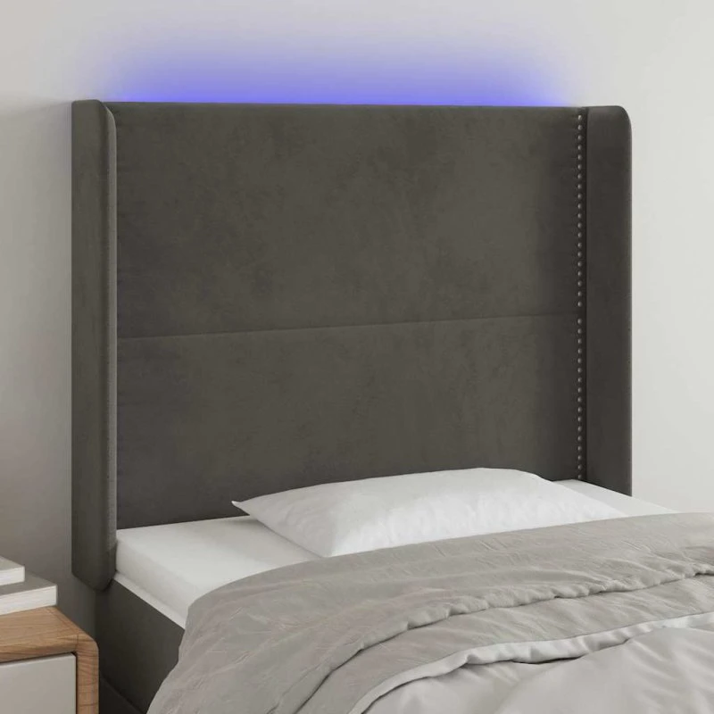 vidaXL sengegavl med LED 93x16x118/128 cm fløjl mørkegrå
