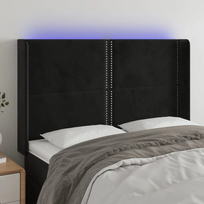 vidaXL Sengegavl med LED-lys 147x16x118/128 cm, fløjl sort