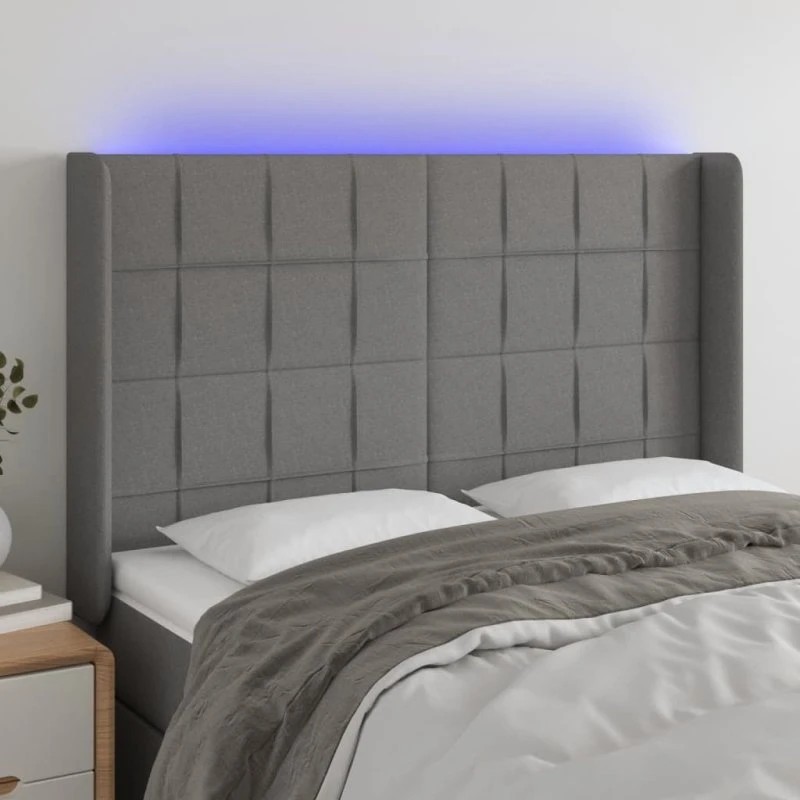 vidaXL sengegavl med LED-lys 147x16x118/128 cm mørkegrå