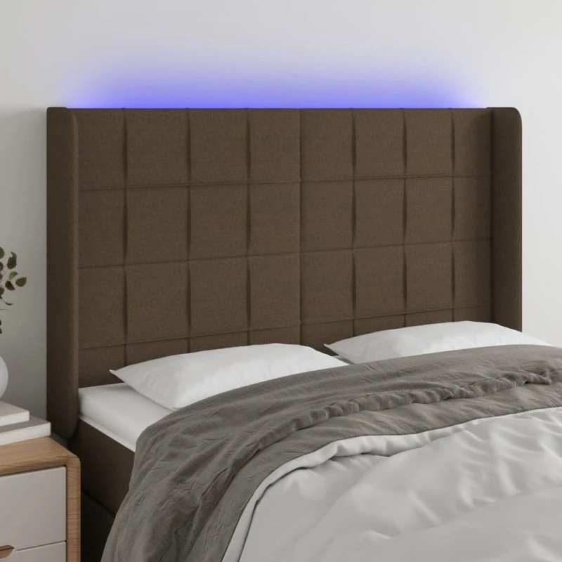 vidaXL Sengegavl med LED-lys 147x16x118/128 cm stof mørkebrun