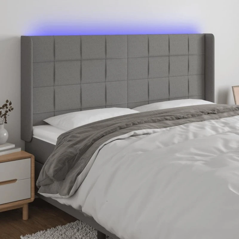 vidaXL sengegavl med LED-lys 163x16x118/128 cm mørkegrå