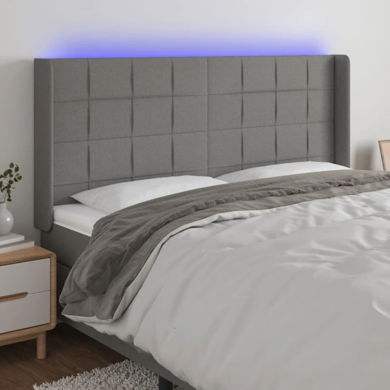 vidaXL Sengegavl med LED-lys 183x16x118/128 cm mørkegrå