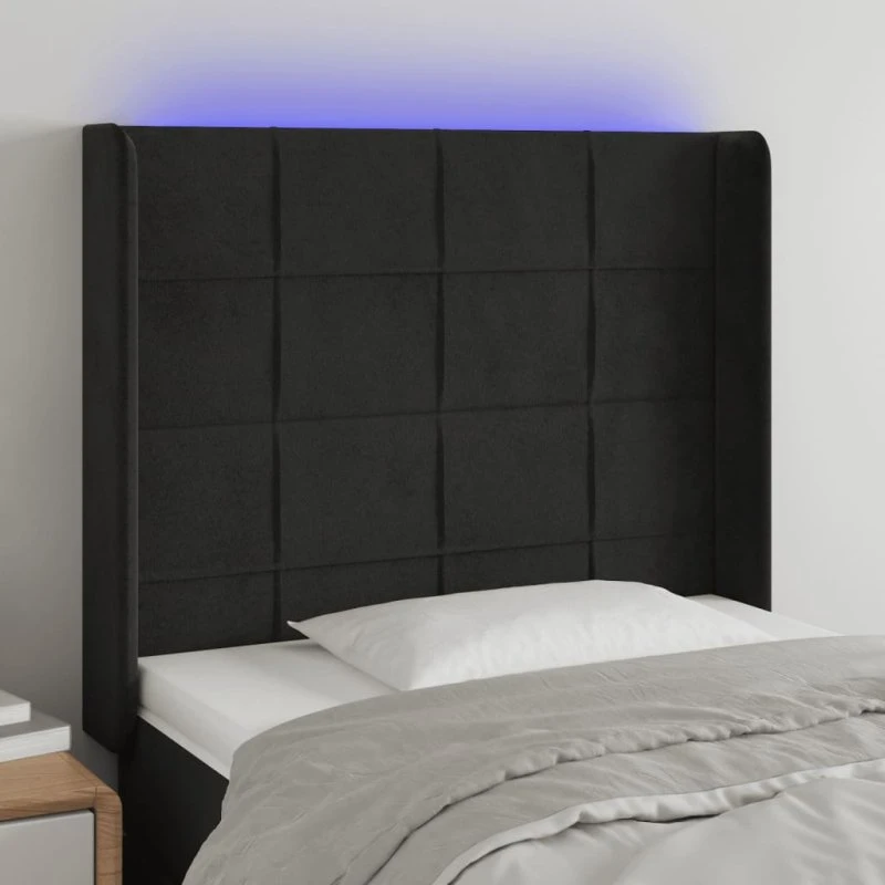 vidaXL sengegavl med LED 93x16x118/128 cm fløjl sort
