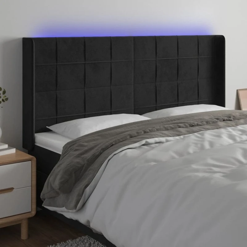 vidaXL sengegavl med LED 183x16x118/128 cm fløjl sort