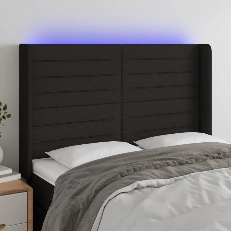 vidaXL sengegavl med LED-lys stof sort 147x16x118/128 cm