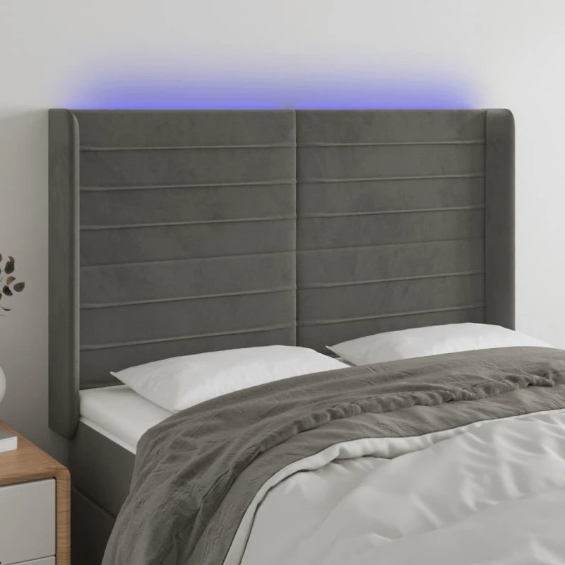 vidaXL sengegavl med LED 147x16x118/128 cm fløjl mørkegrå