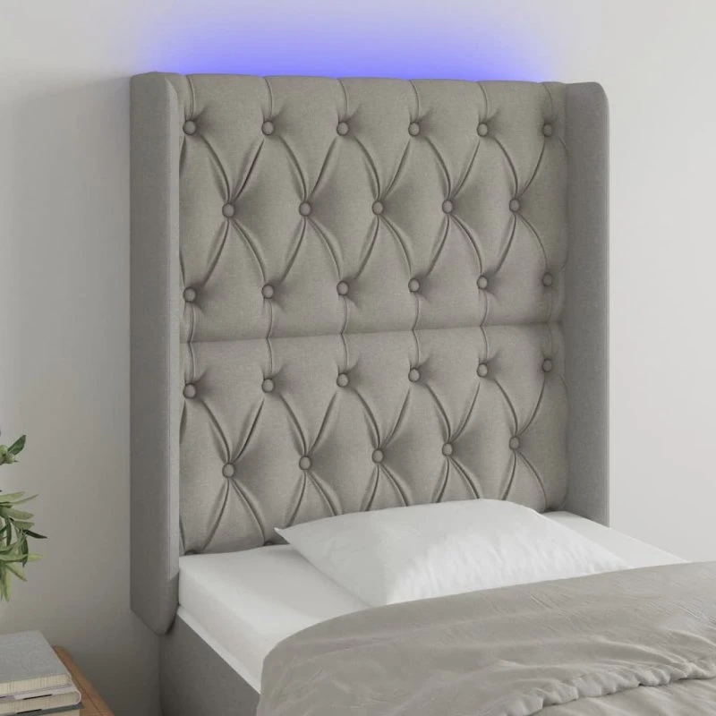 vidaXL sengegavl med LED-lys 83x16x118/128 cm, lysegrå
