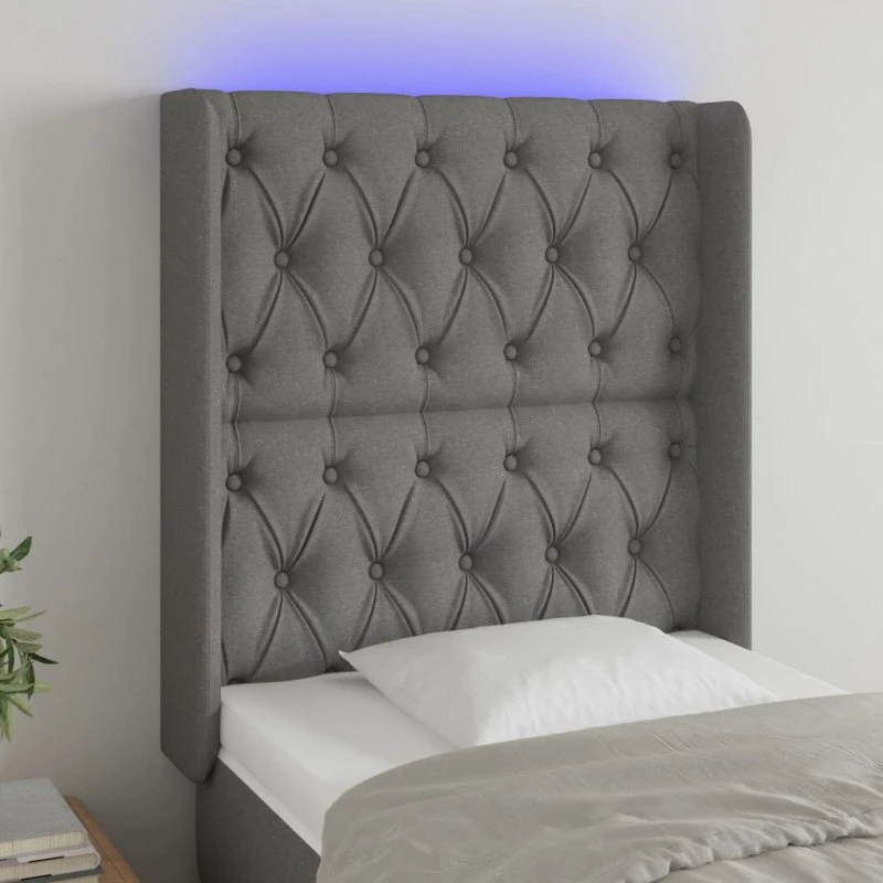 vidaXL sengegavl med LED-lys 83x16x118/128 cm stof mørkegrå