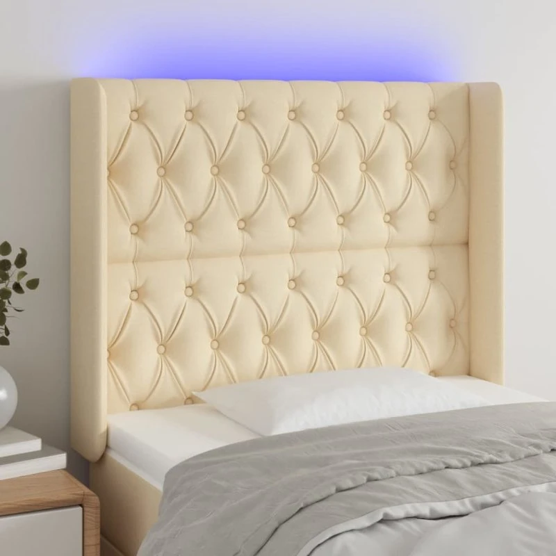 vidaXL sengegavl med LED-lys 103x16x118/128 cm stof creme