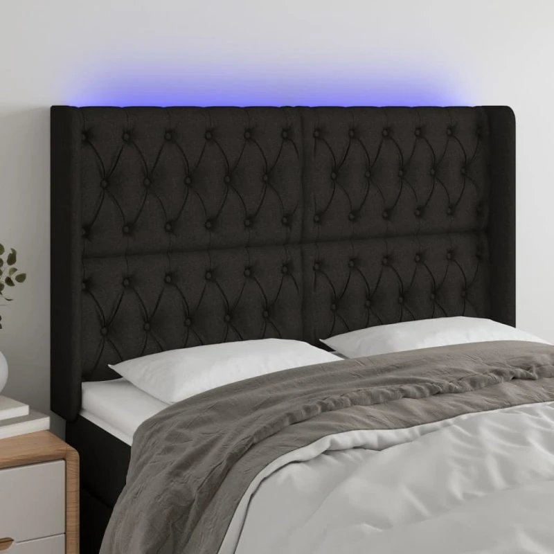 vidaXL sengegavl med LED 147x16x118/128 cm stof, sort
