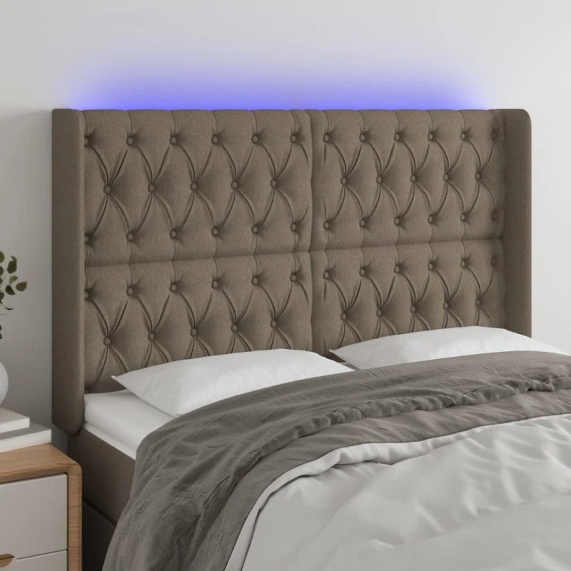 vidaXL Sengegavl med LED 147x16x118/128 cm stof gråbrun