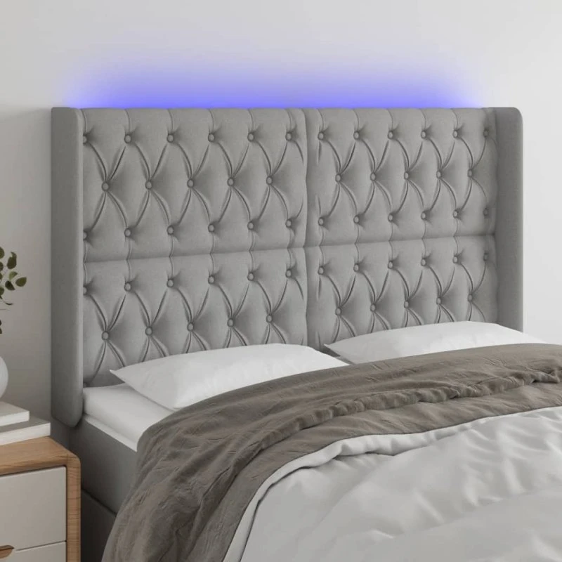 vidaXL sengegavl med LED-lys 163x16x118/128 cm stof lysegrå