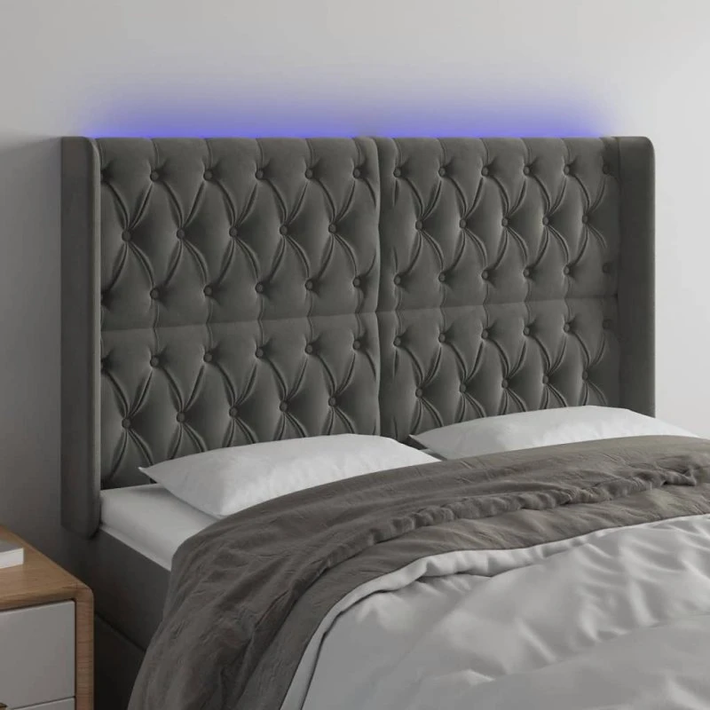 vidaXL sengegavl m. LED 147x16x118/128 cm fløjl mørkegrå