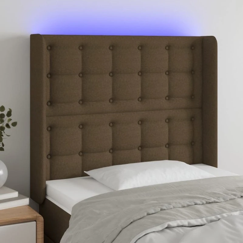 vidaXL sengegavl med LED-lys stof mørkebrun 103x16x118/128 cm